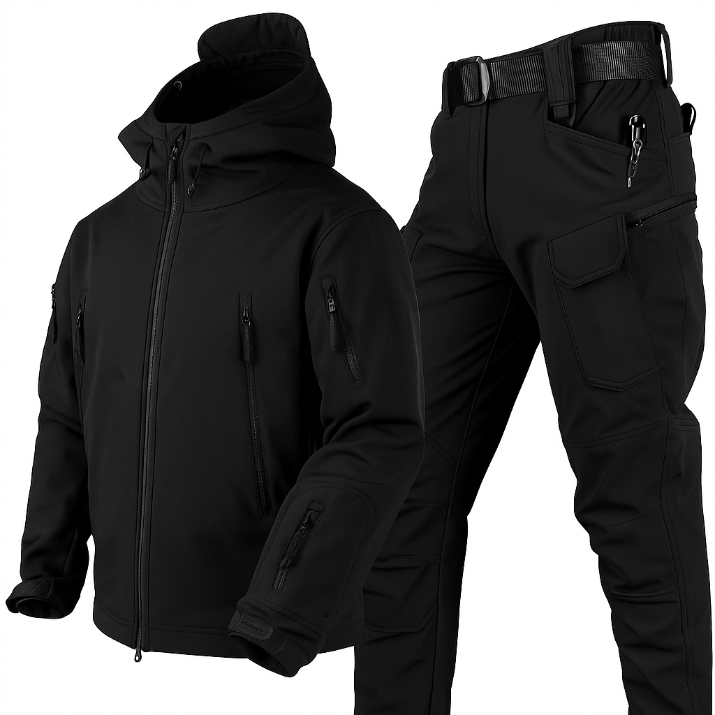 Grünes Outdoor-Set aus Jacke und Hose, freigestellt vor weißem Hintergrund, mit mehreren Reißverschlusstaschen.