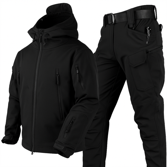 Grünes Outdoor-Set aus Jacke und Hose, freigestellt vor weißem Hintergrund, mit mehreren Reißverschlusstaschen.