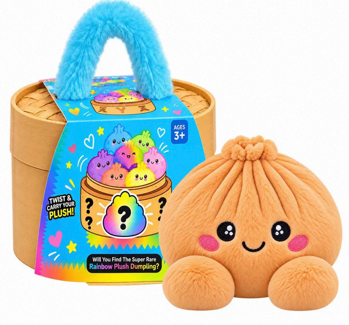 Orangefarbener Plüschknödel mit rosa Wangen neben der Bambuskorb-Box mit blauem Plüschgriff 2