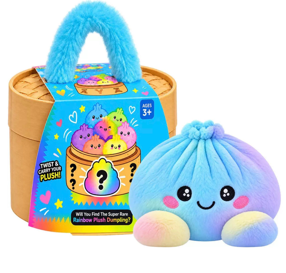 Plüschknödel mit Farbverlauf von Blau zu Lila und bunten Füßchen neben der Dämpferkorb-Box 10