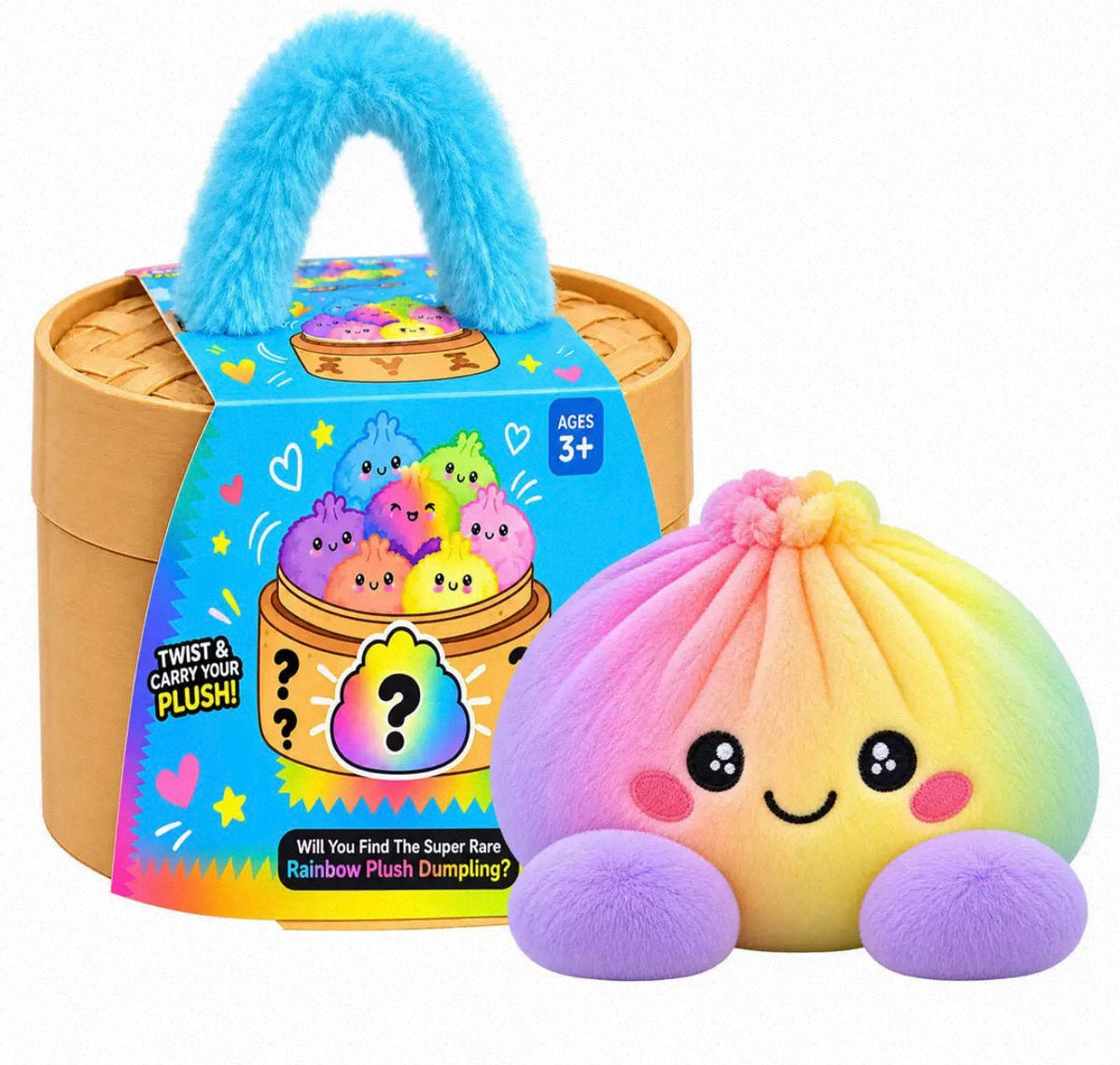 Regenbogenfarbener Plüschknödel mit lila Füßchen neben der Geschenkbox mit blauem Plüschgriff 11