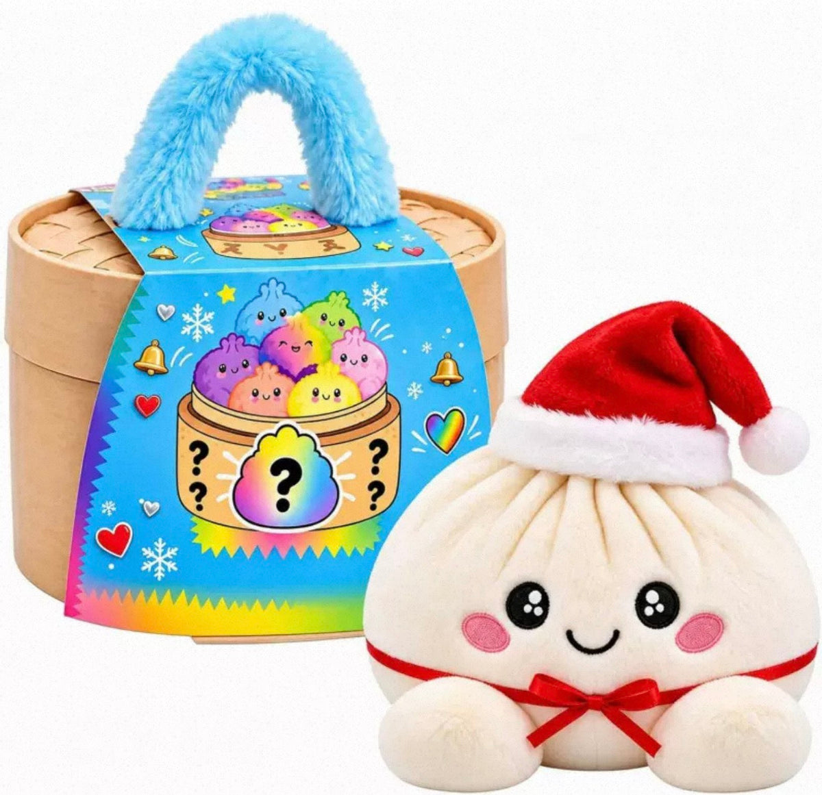 Cremeweißer Plüschknödel mit Weihnachtsmütze und roter Schleife neben der Dämpferkorb-Geschenkbox 12