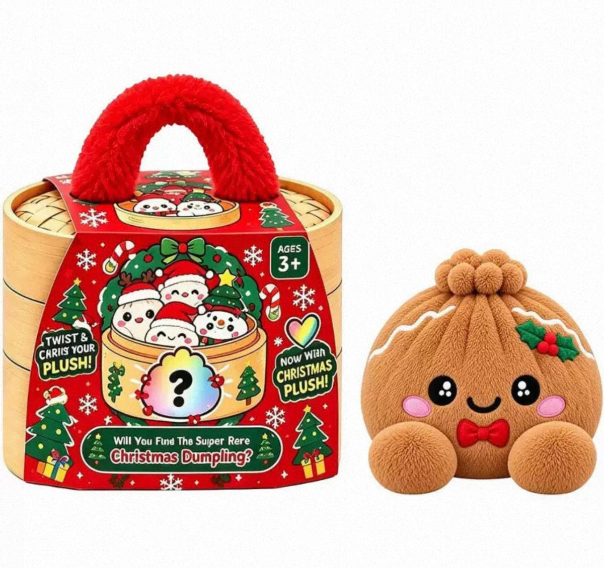 Brauner Lebkuchen-Plüschknödel mit Stechpalmenblatt und roter Fliege neben der roten Weihnachtsbox 13