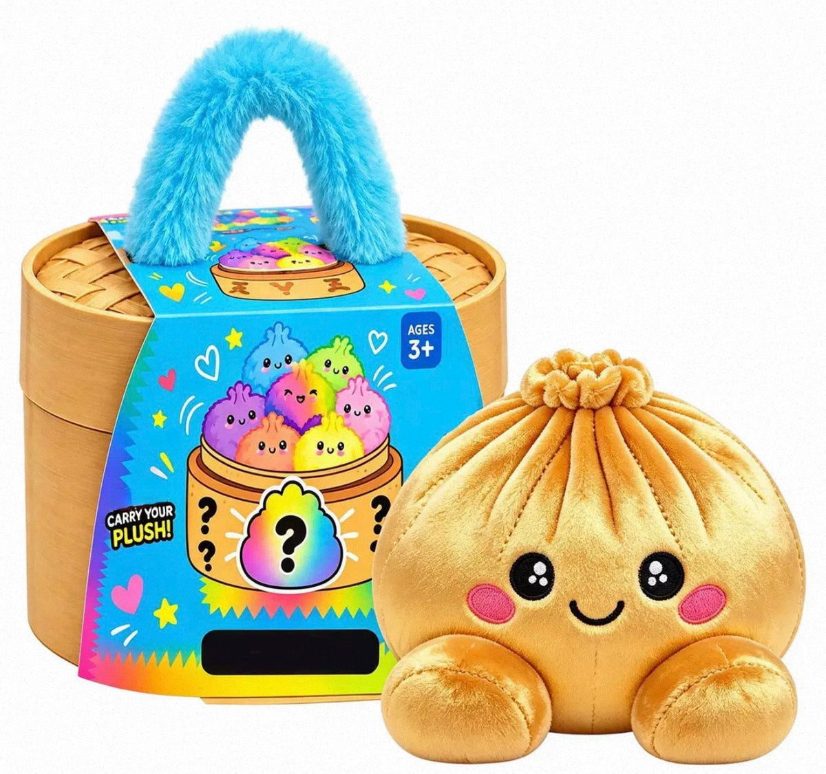 Glänzender goldener Plüschknödel aus samtigem Stoff neben der Dämpferkorb-Box mit blauem Griff 6