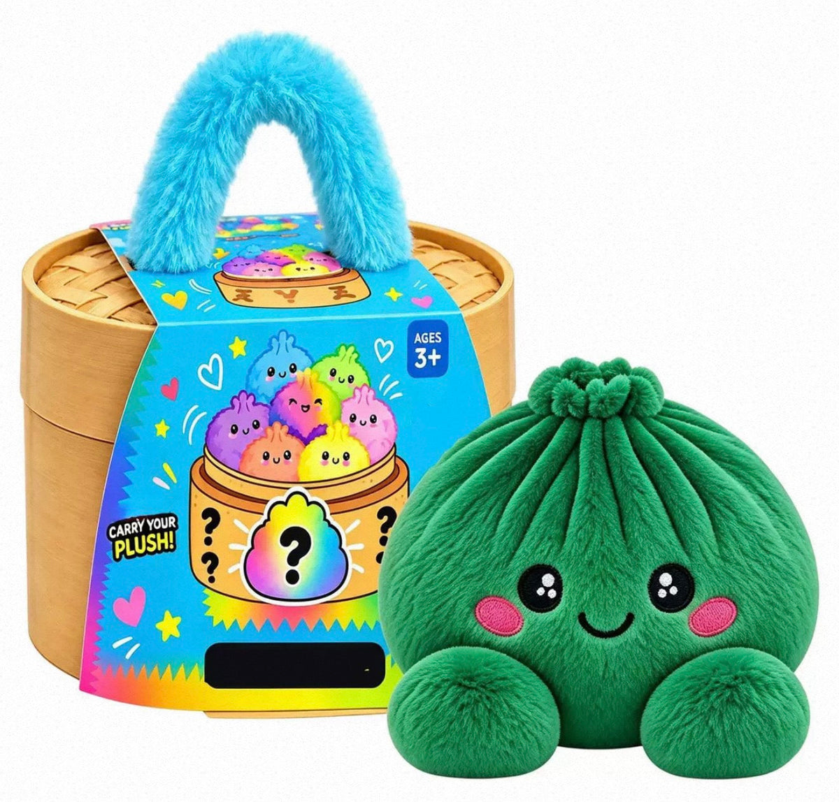 Dunkelgrüner Plüschknödel mit lächelndem Gesicht neben der Bambuskorb-Geschenkbox mit blauem Plüschhenkel und bunter 23