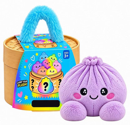 Lila Plüschknödel mit sichtbaren Nähten neben der Geschenkbox mit blauem Plüschgriff 9