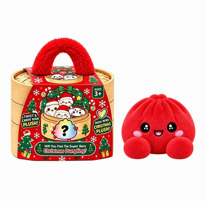 Roter Plüschknödel mit offenem Lächeln neben der roten Weihnachts-Geschenkbox mit rotem Plüschgriff 7