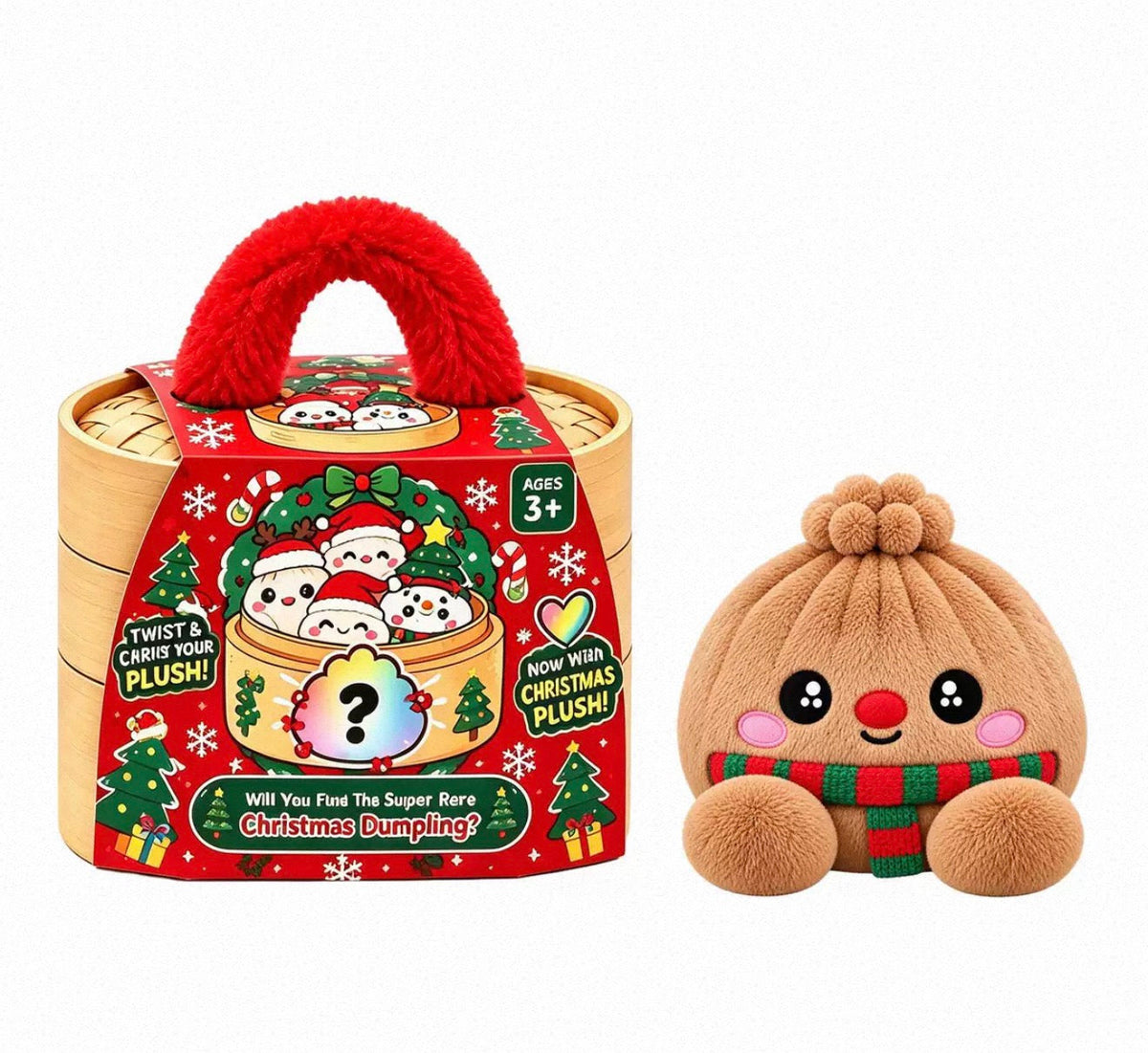 Brauner Plüschknödel mit roter Nase und rot-grün gestreiftem Schal neben der roten Weihnachtsbox 17