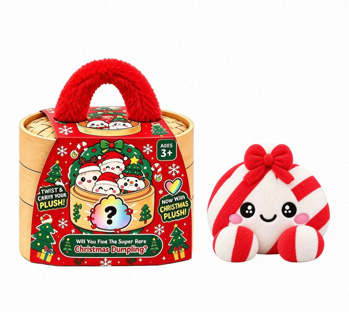 Rot-weiß gestreifter Plüschknödel mit roter Schleife neben der roten Weihnachts-Geschenkbox 15