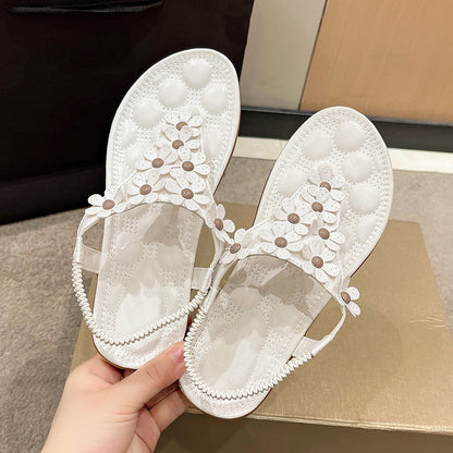 Weiße Damen-Sandalen mit Blumenmuster, rutschfeste Sohle, bequem, modisch, Sommermode.