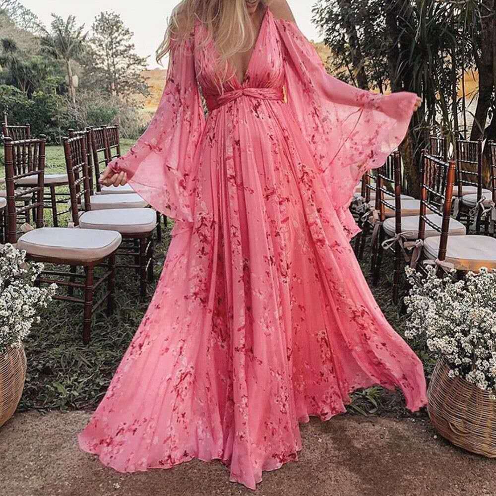 Herbstliches schickes rosa Chiffonkleid mit auslaufenden Ärmeln - Isabelle