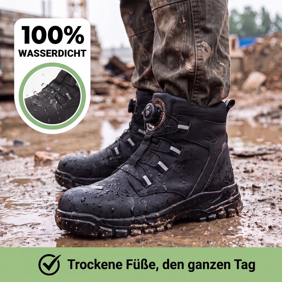 Schwarze Arbeitsstiefel mit Wassertropfen im Matsch auf einer Baustelle, getragen von einer Person in schmutziger Hose 5
