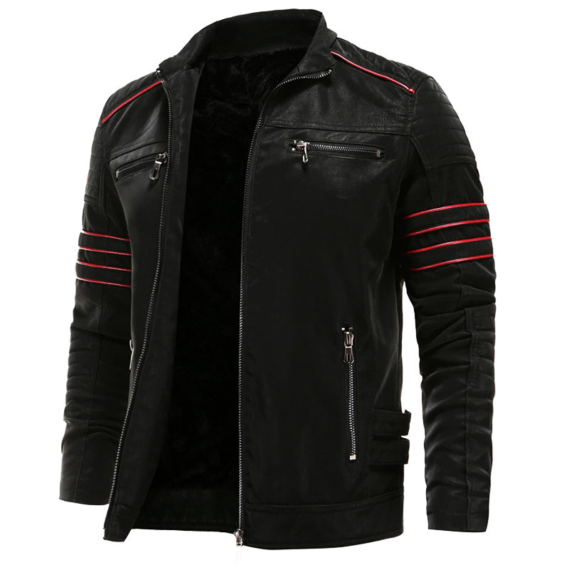 Schwarze Lederjacke mit roten Streifen, Reißverschlüssen, Herrenmode, Biker-Stil.