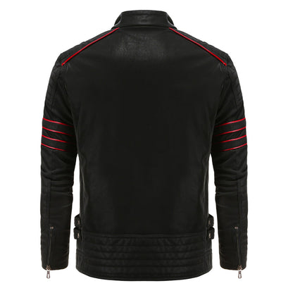 Schwarze Lederjacke mit roten Streifen, Herrenmode, Biker-Stil, Rückansicht.