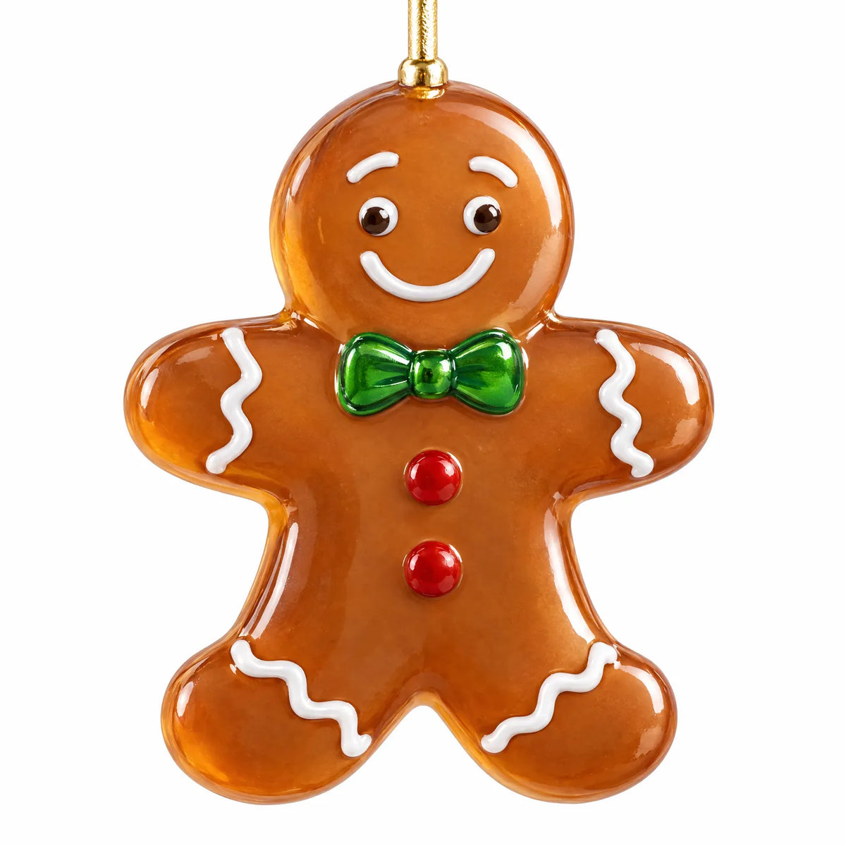 Nahaufnahme eines lächelnden Lebkuchenmännchen-Anhängers mit weißen Zuckergussstrichen, grüner Fliege, roten Knöpfen und goldener Aufhängeschlaufe. 3