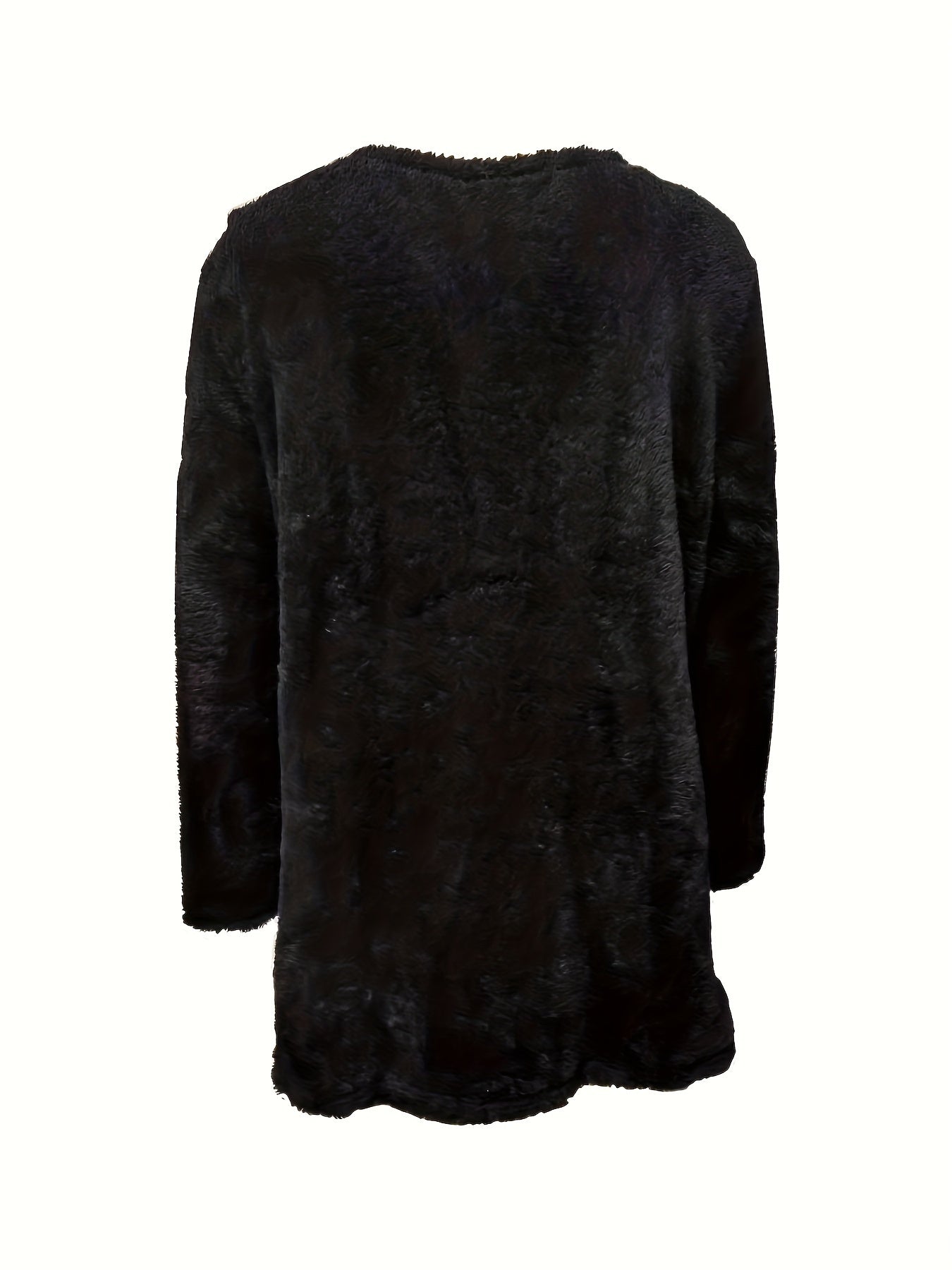 Schwarzer Kunstpelzmantel, langärmelig, elegant, warm, modisch, Damenbekleidung, Wintermode.