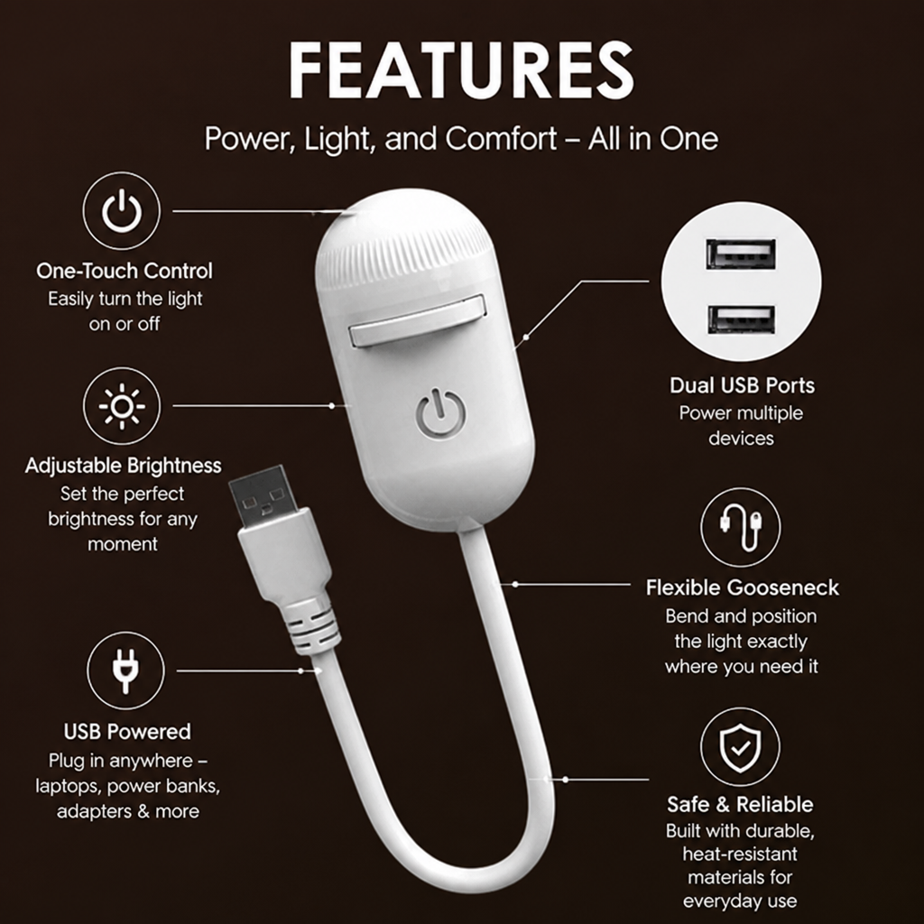 Produktübersicht des 2-in-1-Sternprojektors mit Ein-Tasten-Bedienung, USB-Stromversorgung und zwei USB-Ports.
