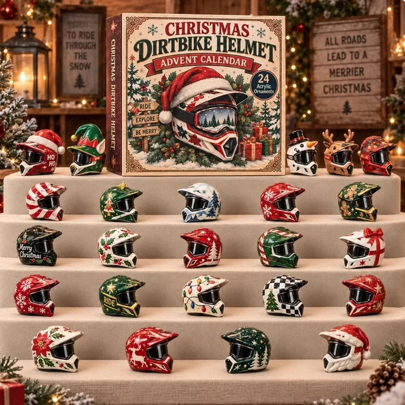Schachtel mit Helm-Motiv, davor 24 kleine weihnachtlich gestaltete Motocross-Helme auf beigen Stufen 11