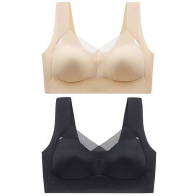 Zwei nahtlose BHs im Set, oben in Beige, unten in Schwarz, mit Netzeinsatz im Ausschnitt, freigestellt. 6