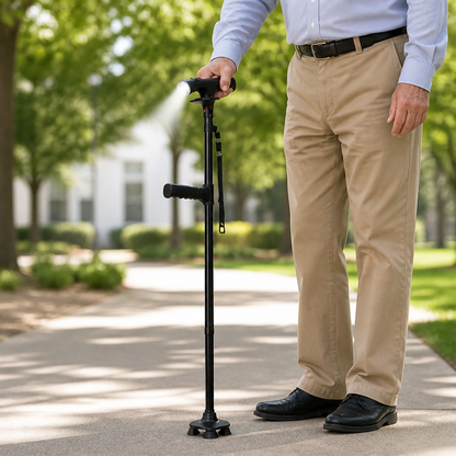 Mann in Chinohose stützt sich auf den Stock mit eingeschalteter LED-Lampe auf einem Gehweg im Park 3