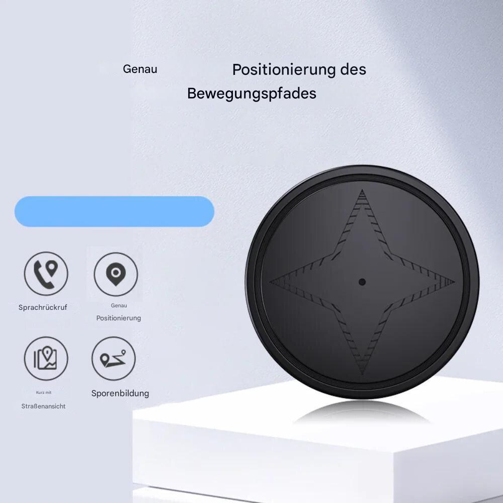 Schwarzer GPS-Tracker für Haustiere, rund, mit Sprachsteuerung und Bewegungsverfolgung.