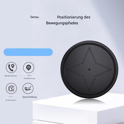 Schwarzer GPS-Tracker für Haustiere, rund, mit Sprachsteuerung und Bewegungsverfolgung.