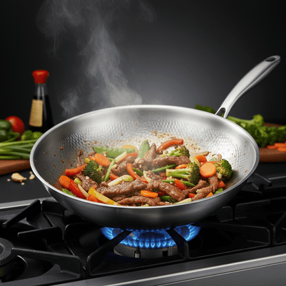Wokpfanne aus Titan auf blauer Gasflamme mit Rindfleisch, Brokkoli, Karotten und Paprika.