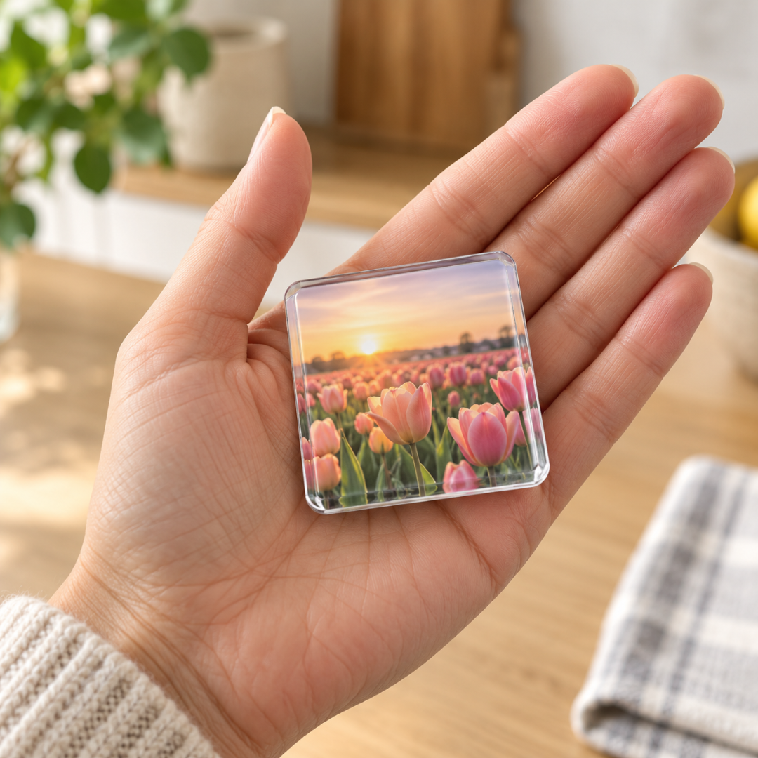 Quadratischer Acrylmagnet mit Tulpenfeld im Sonnenuntergang liegt auf einer Handfläche und zeigt die kompakte Größe 6