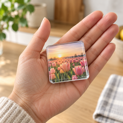 Quadratischer Acrylmagnet mit Tulpenfeld im Sonnenuntergang liegt auf einer Handfläche und zeigt die kompakte Größe 6