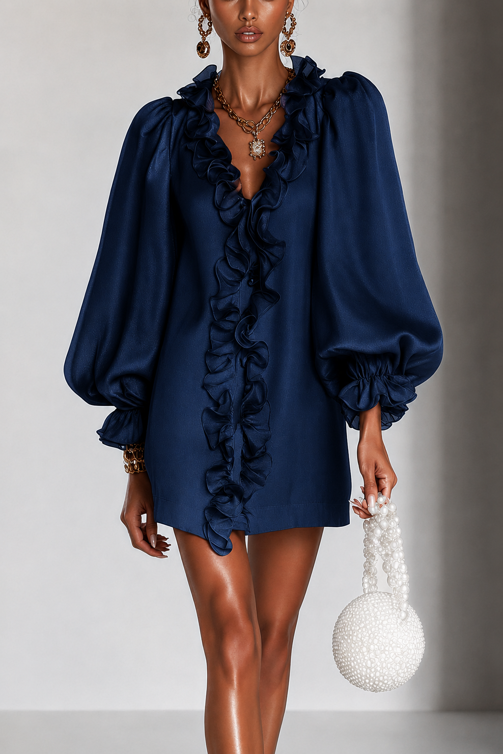 Marineblaues Minikleid mit Rüschen am V-Ausschnitt und Puffärmeln, Vorderansicht.