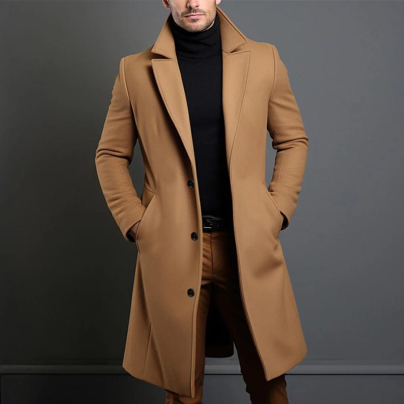 Brauner Herren-Wollmantel mit Revers und Knopfleiste, Frontansicht