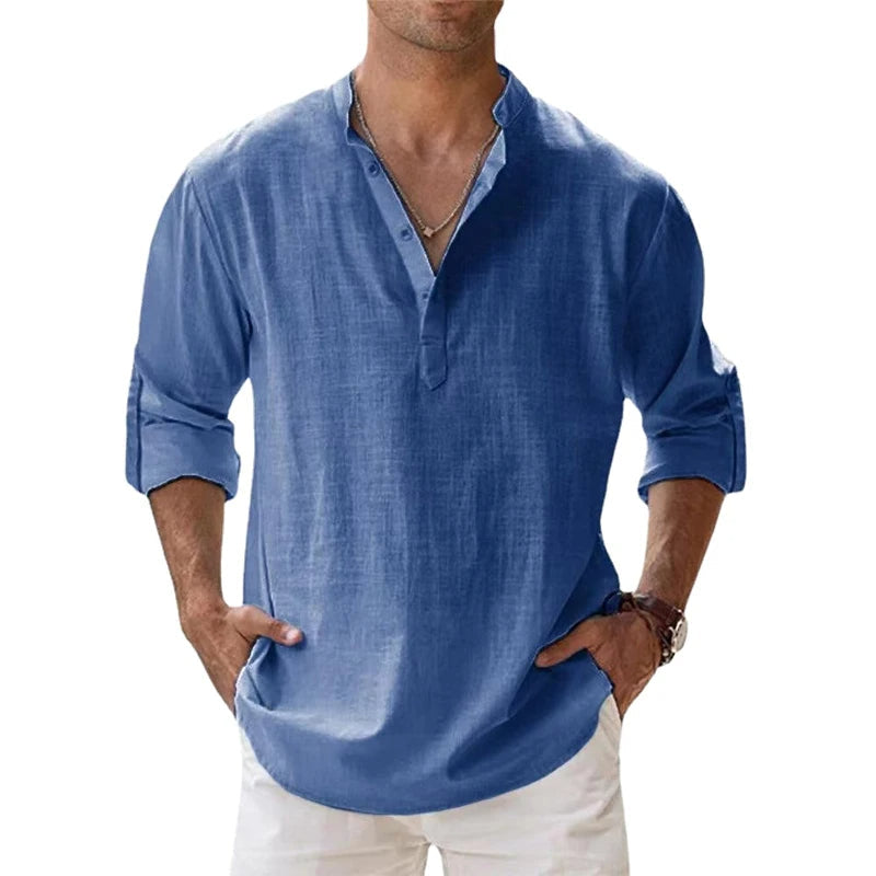 Herren-Leinen-Henley-Shirt in Blau, Detail mit kurzer Knopfleiste