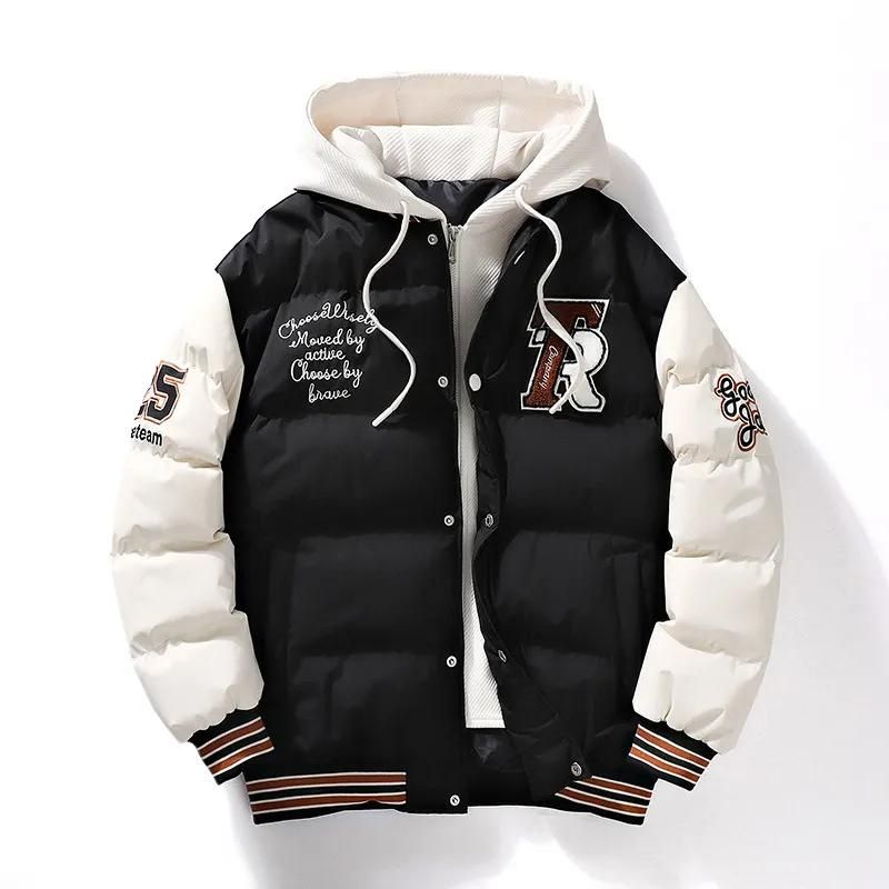 Schwarze Collegejacke mit weißen Ärmeln, Kapuze, Stickerei, Buchstabe "F", sportlicher Stil.