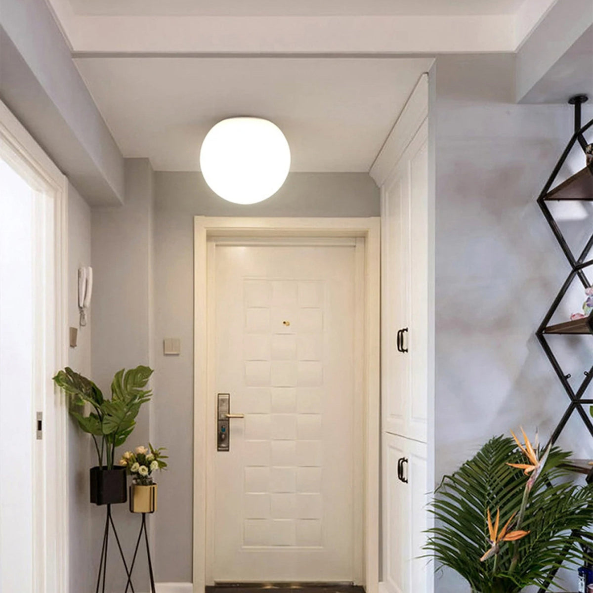 Weiß leuchtende Kugelleuchte an der Decke eines Eingangsbereichs vor einer hellen Wohnungstür mit Pflanzen 5