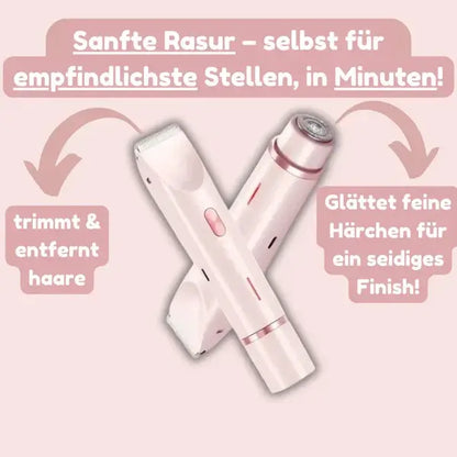 Trimmer und runder Folienrasierer in Rosa überkreuzt angeordnet, daneben Pfeile, die die beiden Funktionen des Sets erklären.
