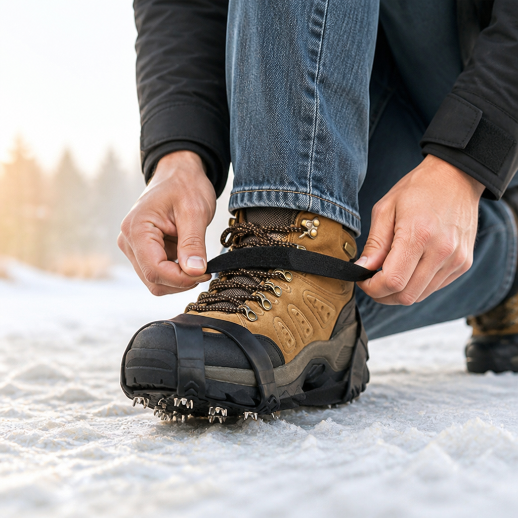 Person zieht im Schnee den Klettriemen des Eisgriffs am braunen Wanderstiefel fest, Nahaufnahme von vorn 3