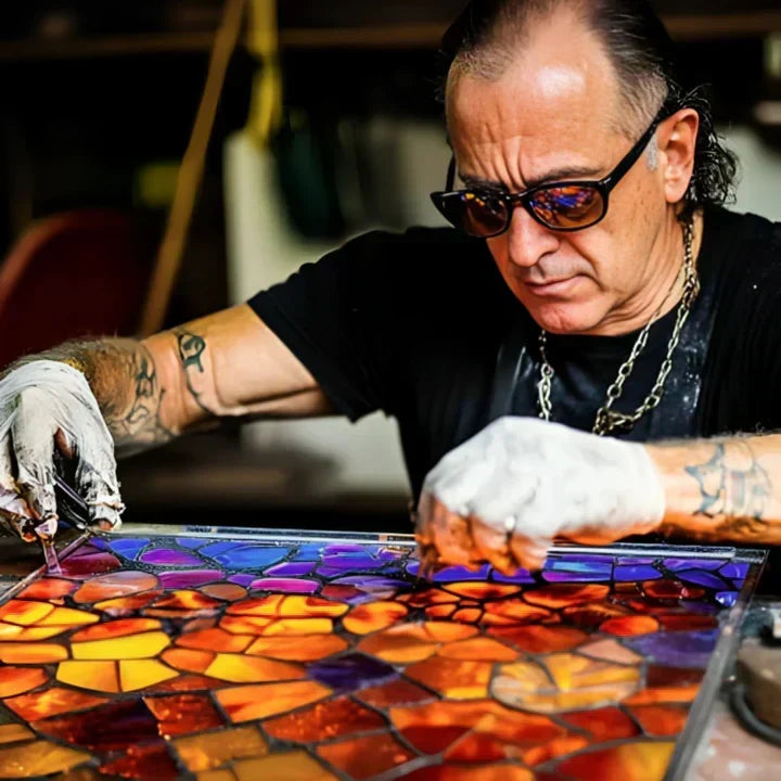 Handwerker mit Sonnenbrille setzt bunte Glasstücke für ein Mosaik zusammen, Nahaufnahme der Handarbeit 2