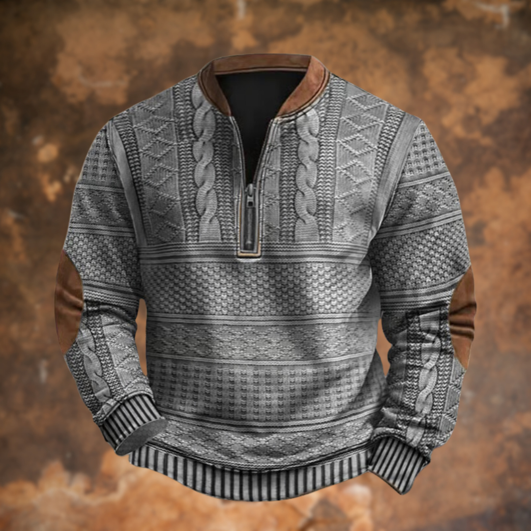 Herren-Strickpullover in Grau mit Zopf- und Rautenmuster, Halbreißverschluss und braunen Ellbogenpatches