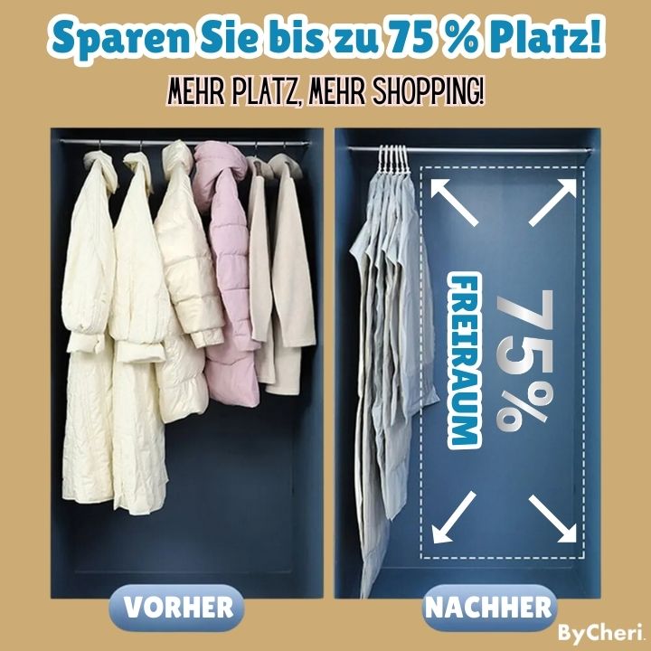 Vorher-nachher-Vergleich mit hängenden Vakuumbeuteln im Kleiderschrank