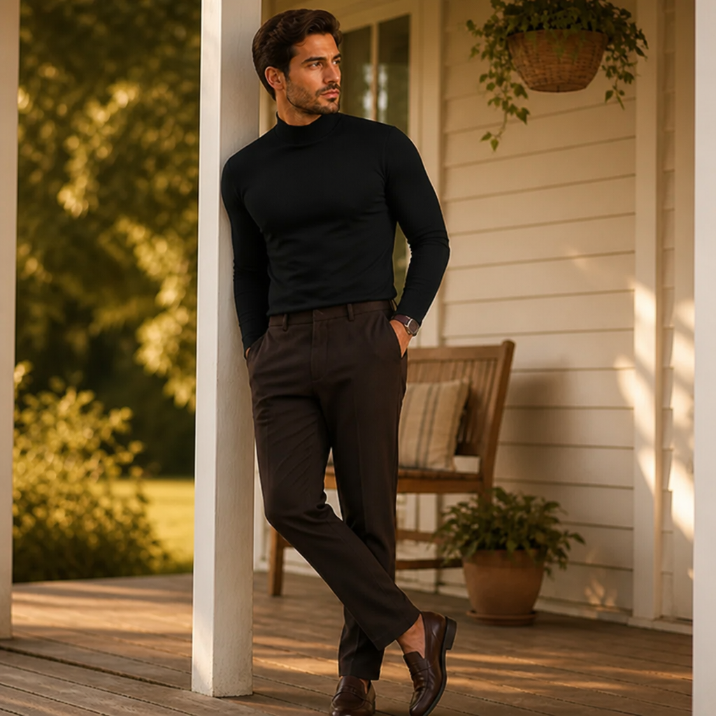 Herren Slim Fit Langarmshirt mit umklappbarem hohem Kragen in Schwarz, an einer weißen Säule getragen