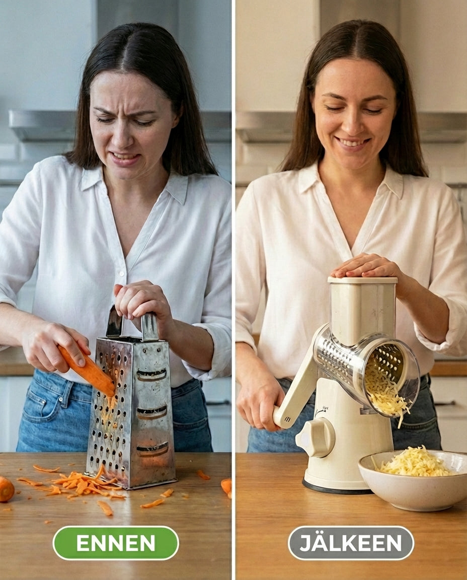Vergleich geteilt: links reibt eine Frau Möhren an der Vierkantreibe, rechts dreht sie die Kurbel des Rotationsschneiders.