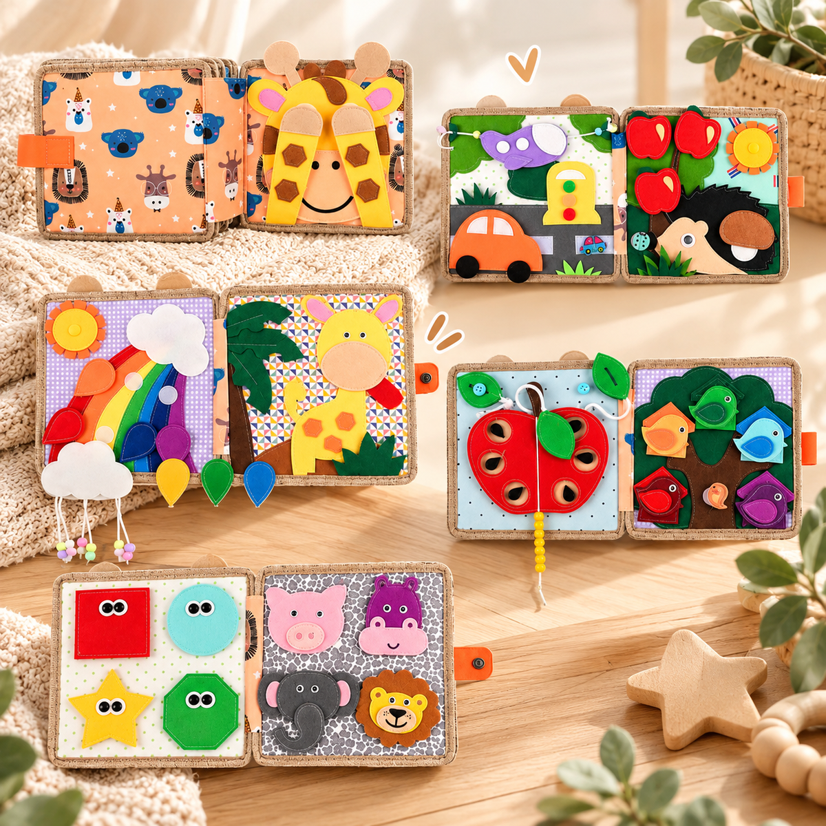 Giraffen-Filzbuch mit fünf aufgeschlagenen Doppelseiten, darunter Regenbogen, Tierformen, Auto, Igel, Apfel und Vogelbaum 14