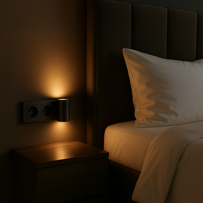Schwarze Steckdosen-Nachtlampe neben einer Doppelsteckdose am Bett