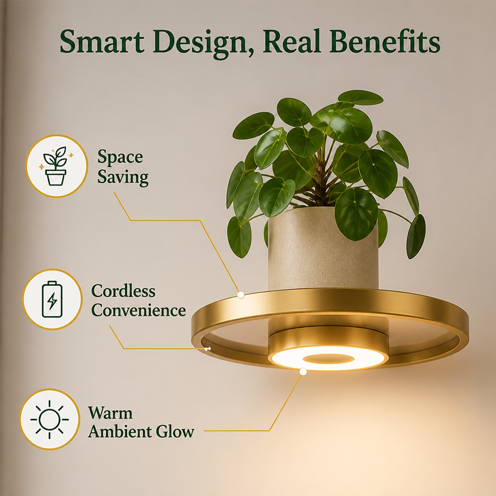 Goldfarbenes schwebendes Wandregal als Detail mit Pflanze und LED-Einheit an der Unterseite