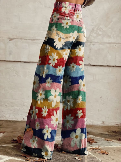 Herbstliche Retro-Blumenhose mit Schlag und hoher Taille – Mirella