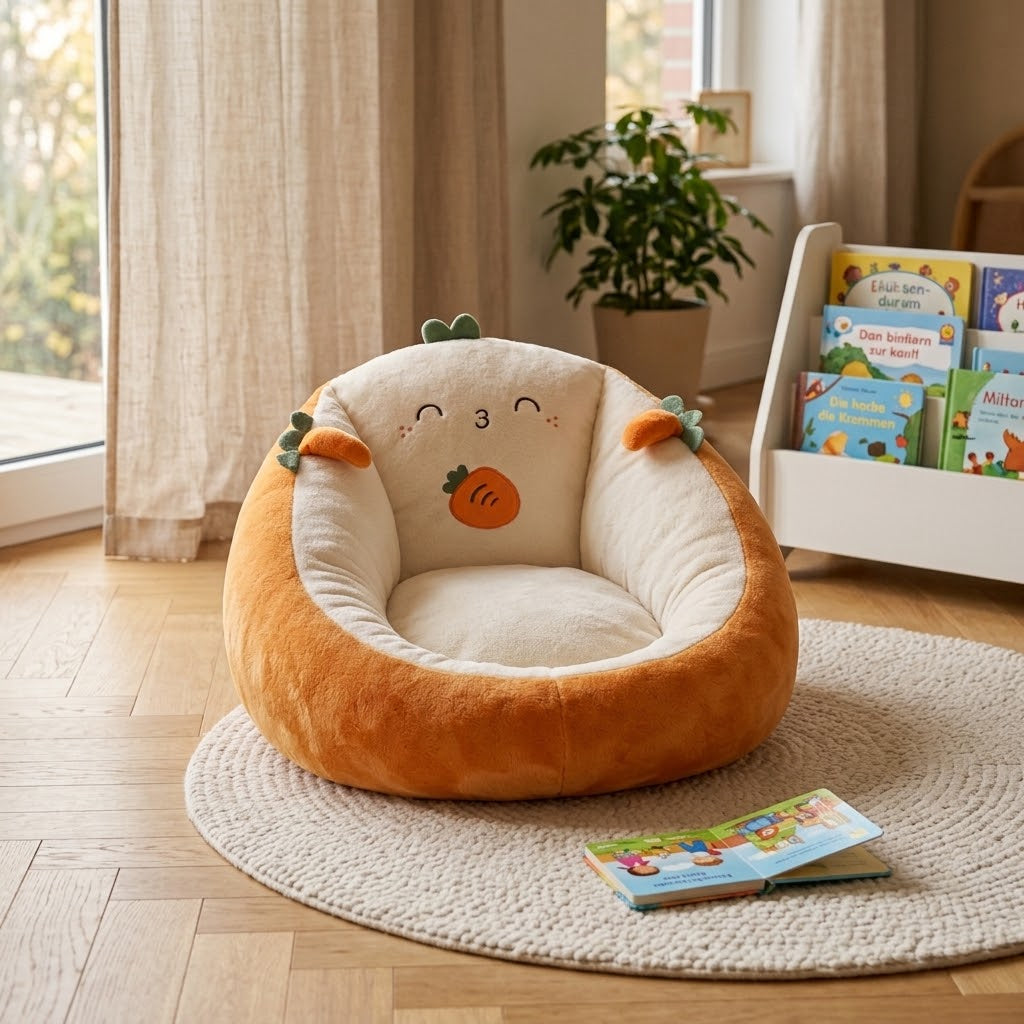 Orange-cremefarbener Plüsch-Sitzsack mit Karottenmotiv und Gesichtchen im Kinderzimmer, daneben ein aufgeschlagenes 1