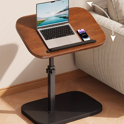 Höhenverstellbarer rollender Laptopschreibtisch mit schwarzem Gestell und dunkler Tischplatte, Detail der verstellbaren Tischplatte