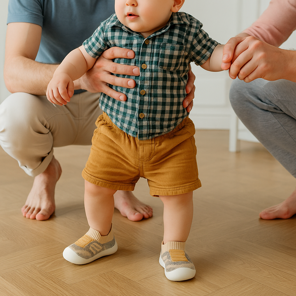 Beige Babyschuhe aus Strick mit weißer Sohle an den ersten Schritten, another view