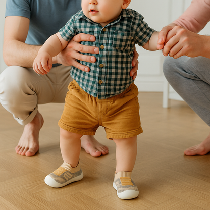Beige Babyschuhe aus Strick mit weißer Sohle an den ersten Schritten, another view