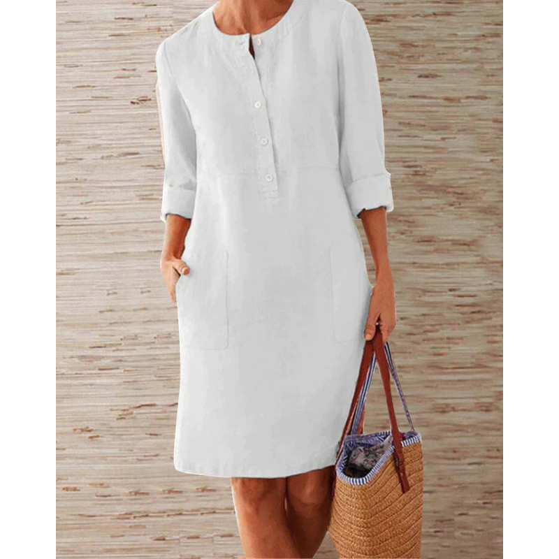 Herbstliches stilvolles Damen Freizeitkleid mit Taschen & Rundhalsausschnitt – Niva